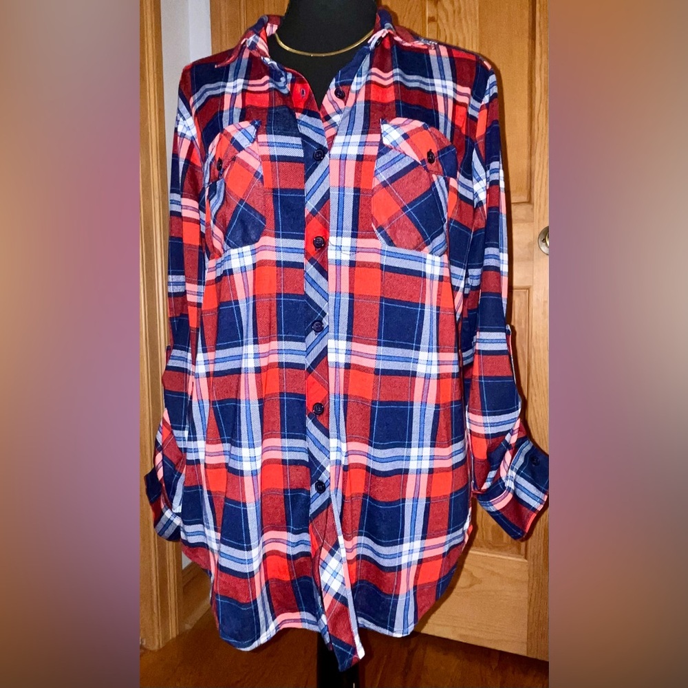 Just Be Plaid Flannel-Like Polyester Shirt L Red White Blue Americana Roll Tab